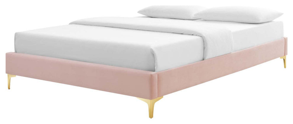Platform Bed Frame, Full Size, Velvet, Pink, Modern Contemporary, Bedroom Master