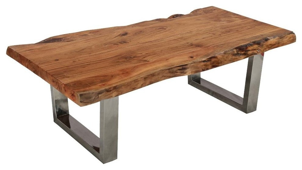 Natural Acacia Wood & Steel Rustic Live Edge Coffee Table