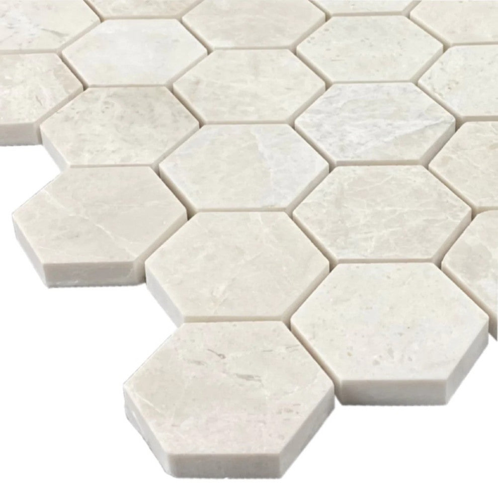 Vanilla Beige Marble 2" Hexagon on 12" x 12" Mesh Mosaic Tile (10 sqft per box)