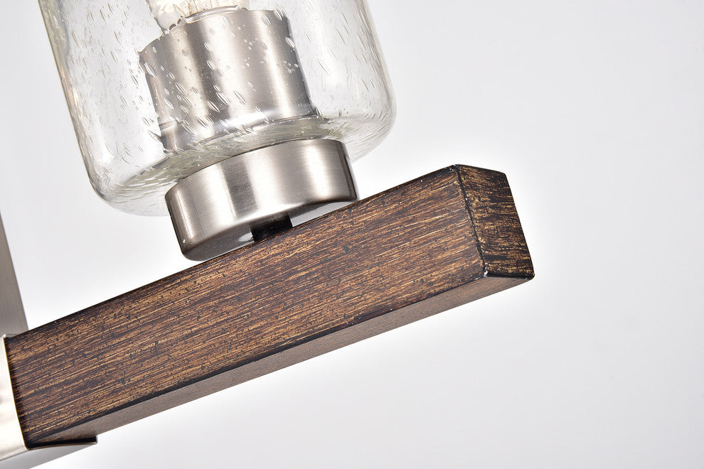 4-Light Brushed Nickel and Wood Linear Chandelier With Seedy Glass Sconce