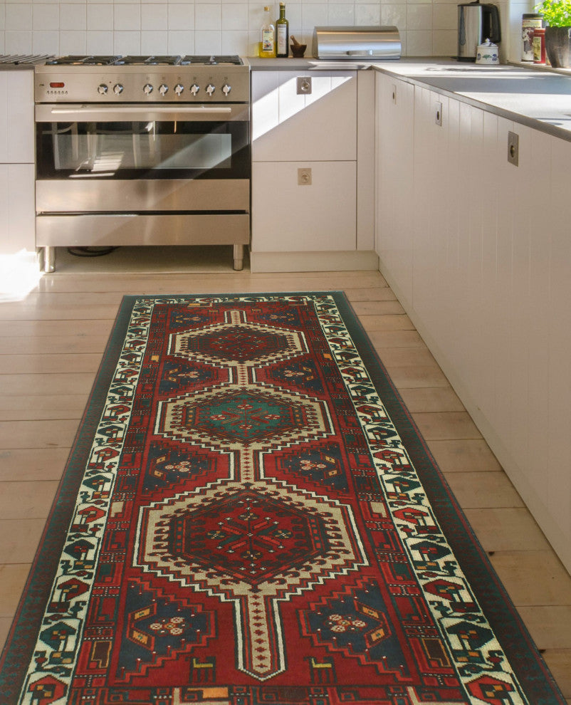 Fine Vintage Distressed Tahira Red/Ivory Runner, 3'4x7'5