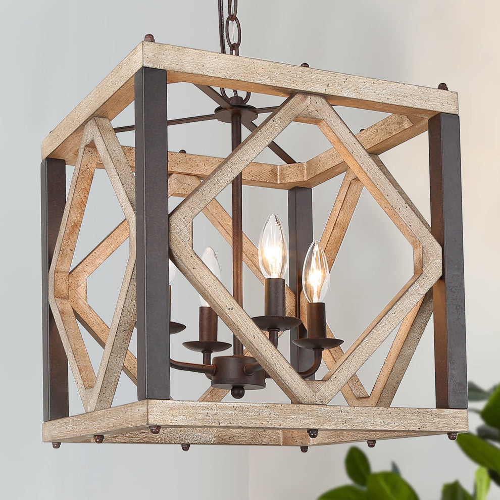 LNC Wood Modern Farmhouse Square Cage Pendant Lighting, 14"width (Metal Accented), 4 Lights