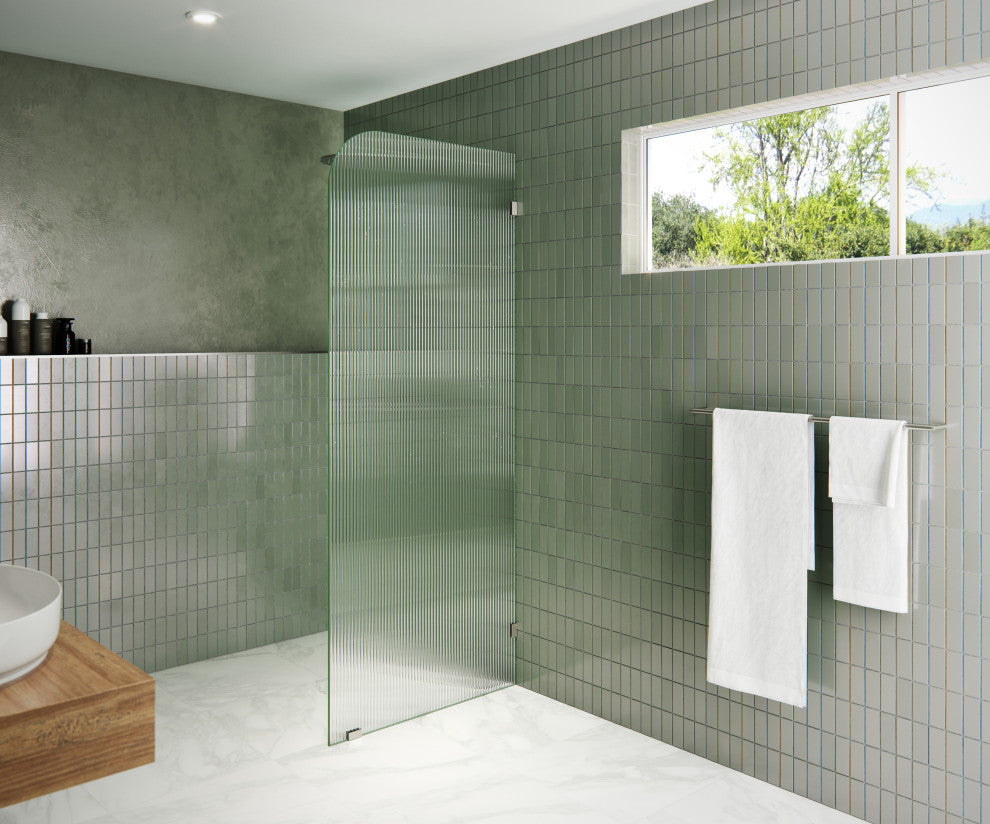 30"x78" Frameless Shower Door, Single Fixed Panel Fluted Radius, Brushed Nickel, 30" Right