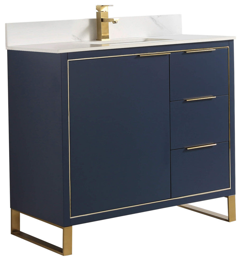 Opulence Bath Vanity, Navy Blue, 36", Satin Brass Hardware, White Carrara Top