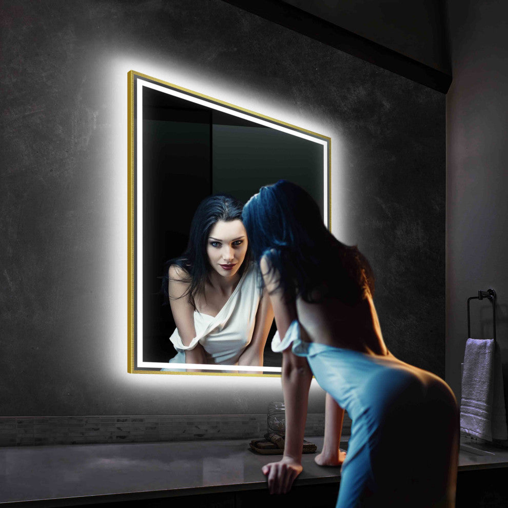 Fogless, Dimmable, Color Temperature Adjustable LED Mirror, Brush Gold, 30x36