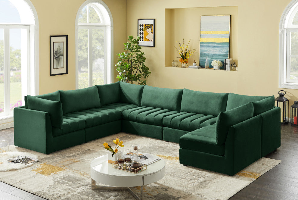 Jacob Velvet Upholstered 7-Piece U-Shaped Modular Sectional, Green