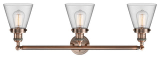 Small Cone 3-Light Bath Fixture, Clear Glass, Antique Copper