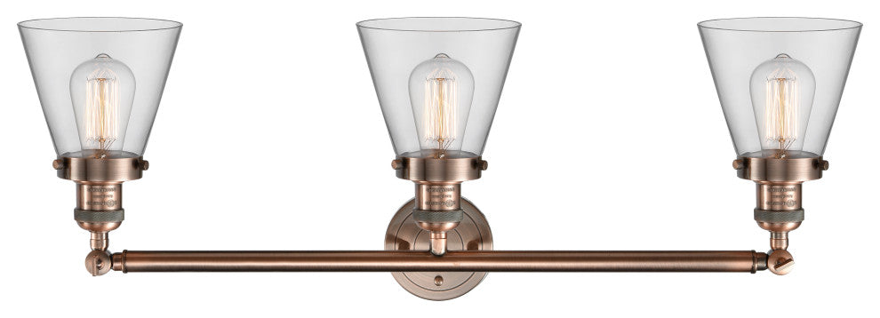 Small Cone 3-Light Bath Fixture, Clear Glass, Antique Copper