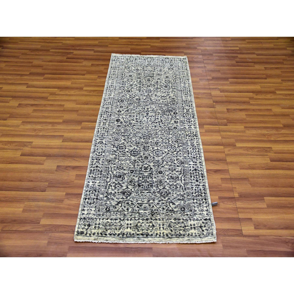 White Mamluk Dynasty Design Undyed 100% Wool Hand Knotted Runner Rug 2'7"x6'