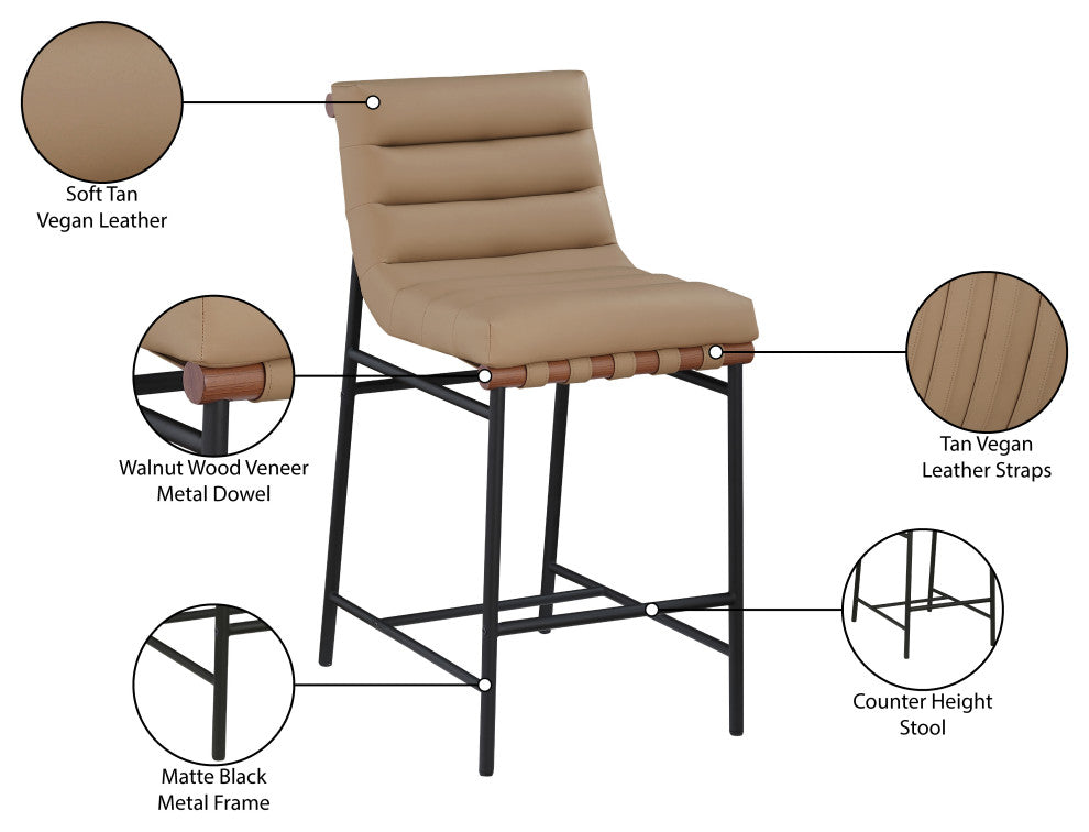 Burke Counter Stool, Tan, Vegan Leather, Walnut Veneer Metal Dowel