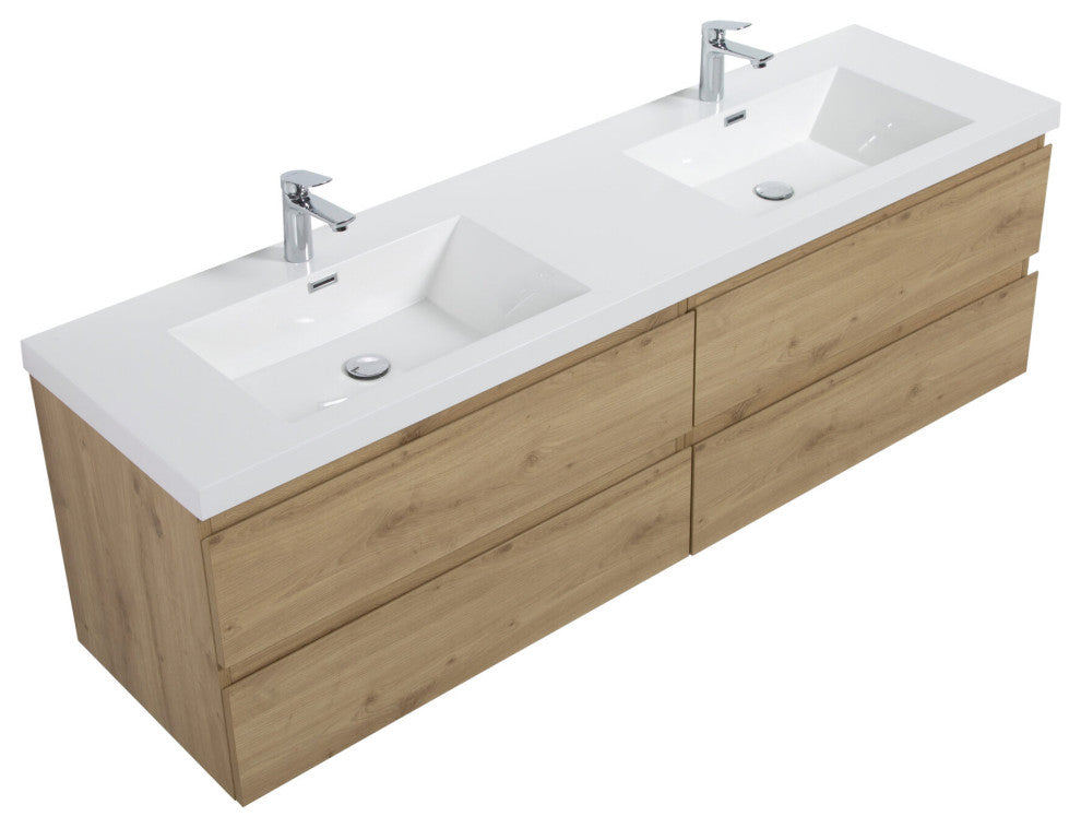 Aurora Wall Mount Vanity, White Acrylic Top, Sonoma Oak, 72" Double