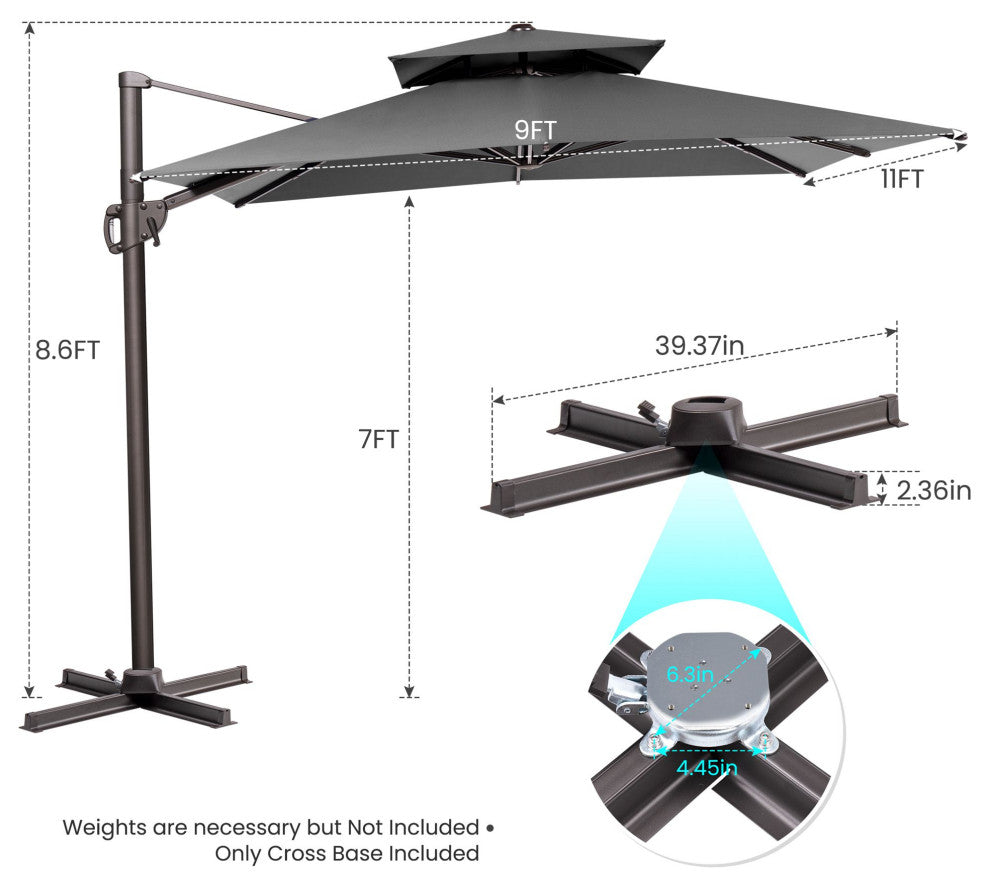 9X 11ft Patio Square Double Top Offset Umbrella Deluxe Cantilever Umbrella, Dark Gray