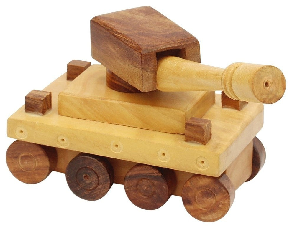 Handmade Wooden Tank Toy With Movable Wheels And Turret, Brown