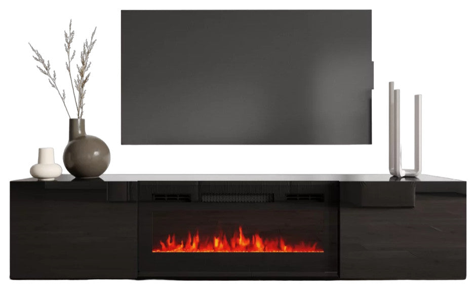 Modern Floating Fireplace Entertainment Center, High Gloss Finish, Black