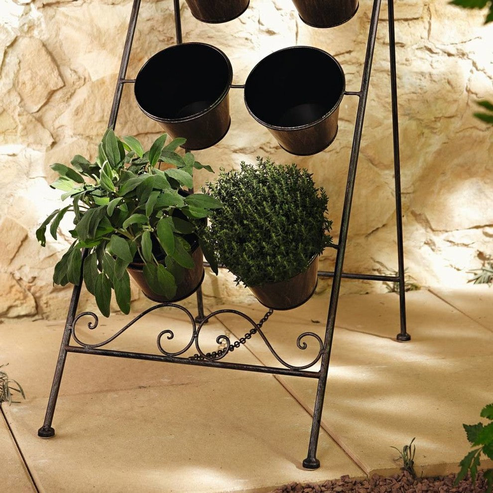 35" Tall Foldable Metal Planter Stand "Povencal" With 6 Metal Pots