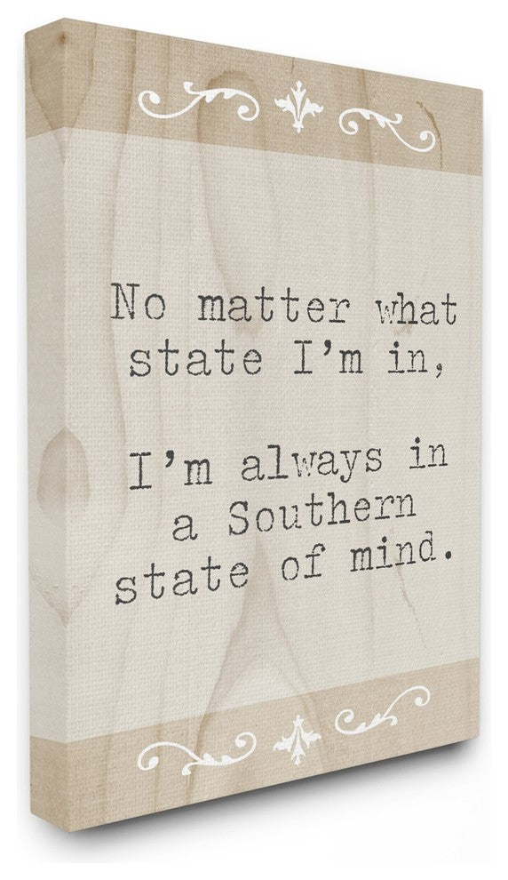 A Southern State of Mind Tan Wood Look Typography Canvas Wall Art, 16"x20"