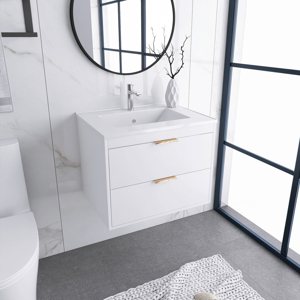 24" MDF Wall Mounted Bath Vanity, Integrated Ceramic Sink, White