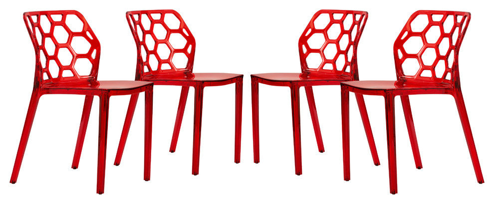 Leisuremod Dynamic HoneyComb Design Dining Chair, Set of 4, Transparent Red