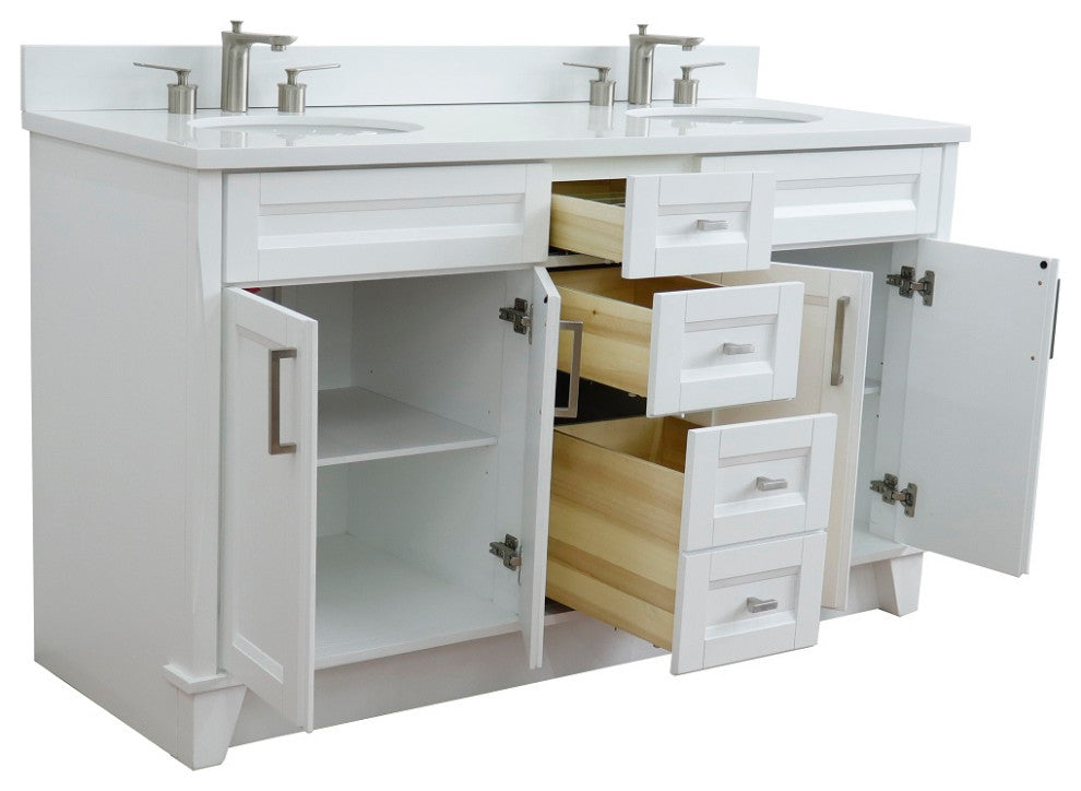 61" Double Sink Vanity, White Finish And Engineered Stone Top And Oval Sink