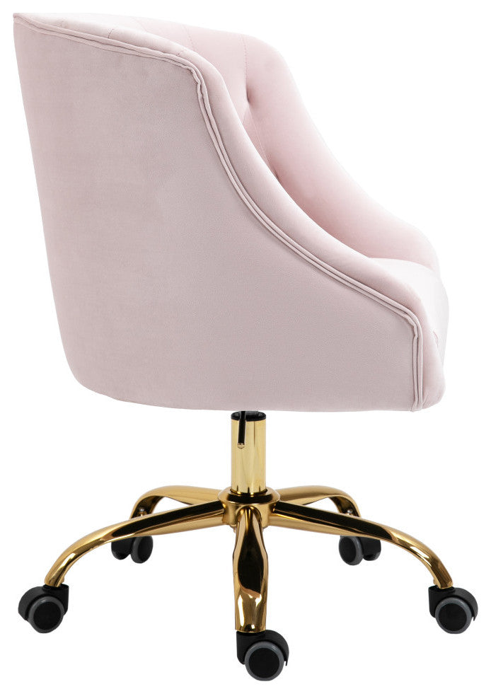 Arden Swivel and Adjustable Velvet Upholstered Office Chair, Pink, Gold Base