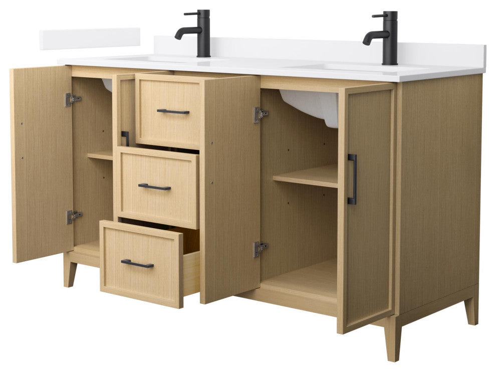 Elan 60" Double Vanity, White Oak, White Quartz Top, 1-Hole, Black Trim