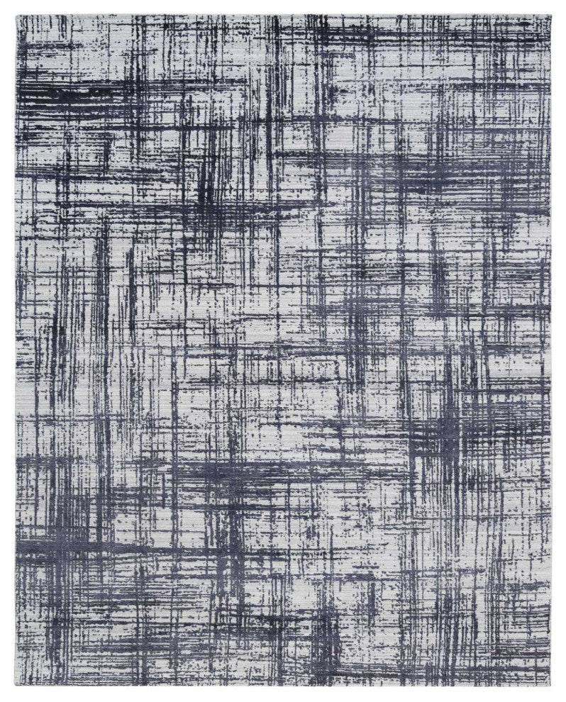 Black Hand Loomed Modern Erased Lines Design Wool and Silk Rug 7'10" x 10'0"