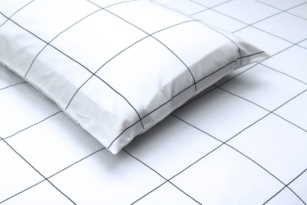 Navy On White Window Pane Printed Sheet Set, 100% Cotton Matte Sateen
