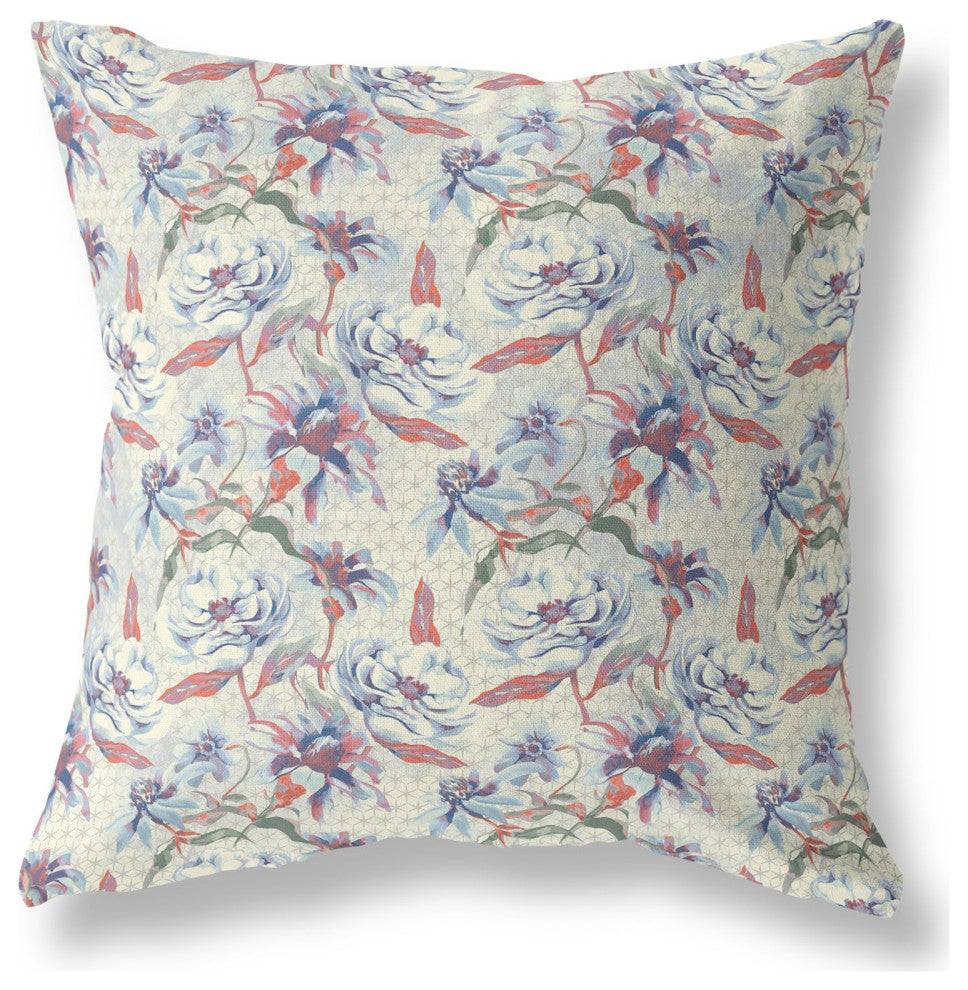 18" Pale Blue Orange Roses Indoor Outdoor Throw Pillow