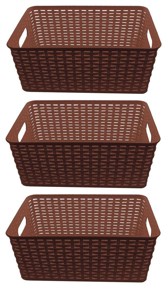 Plastic Rattan Storage Box Basket Organizer, Brown, Small-Pack of 3