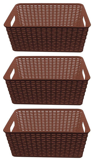 Plastic Rattan Storage Box Basket Organizer, Brown, Small-Pack of 3