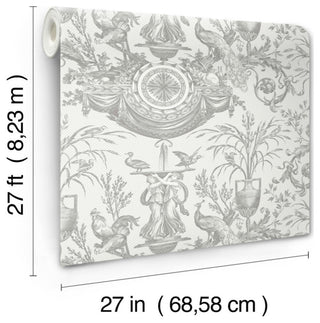 Avian Fountain Toile Gray Wallpaper