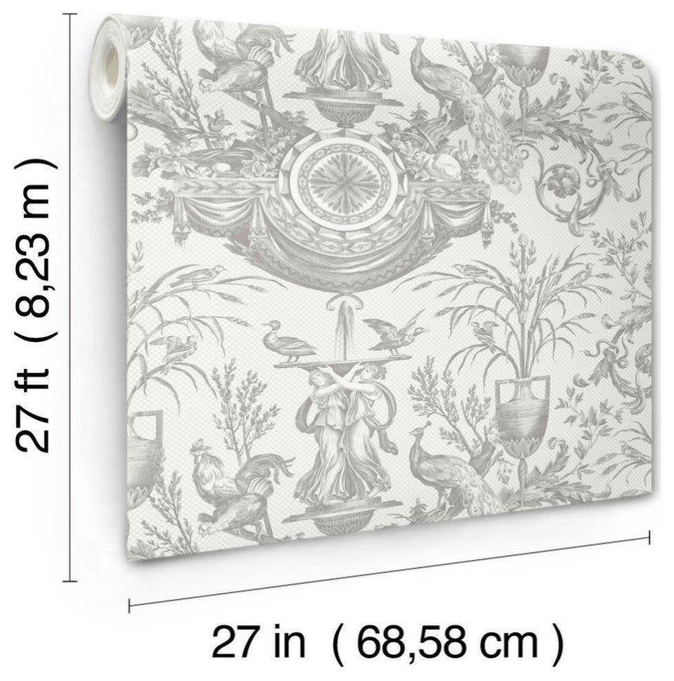 Avian Fountain Toile Gray Wallpaper