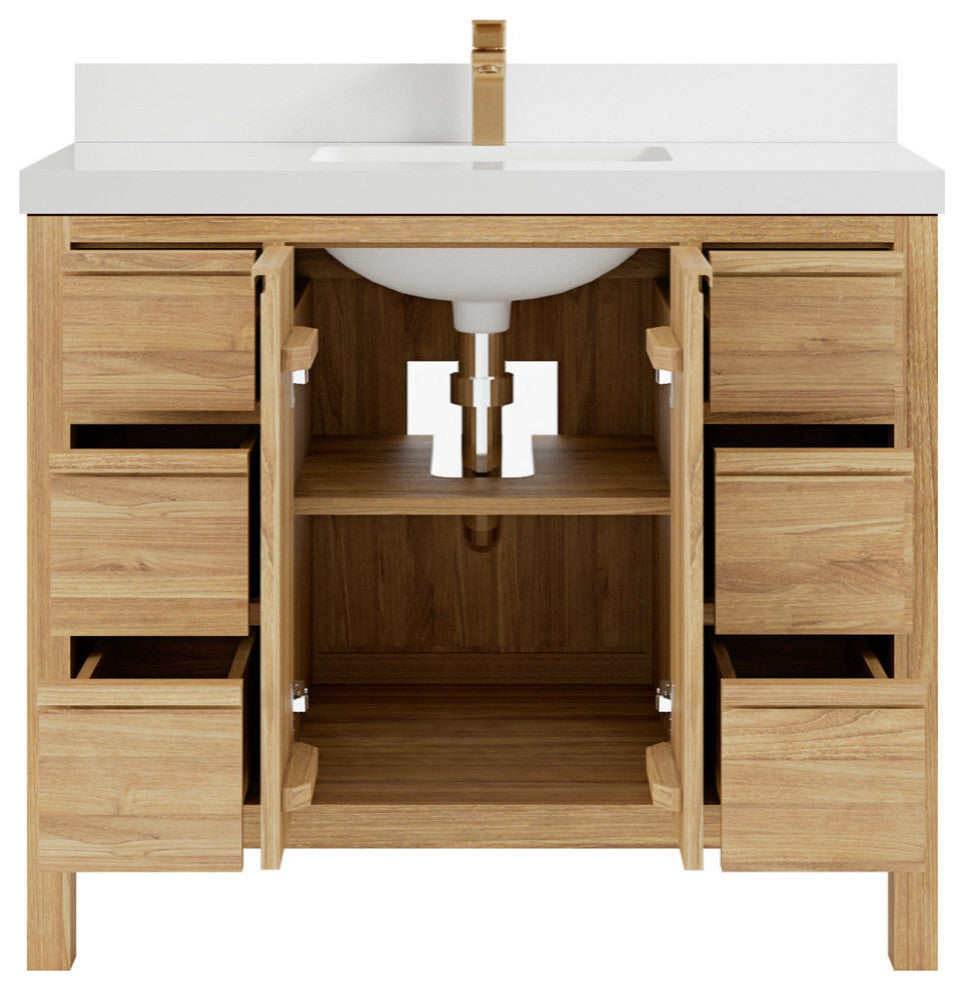 Elizabeth 42 Single Sink Bath Vanity in Light Natural Teak 2" White Quartz
