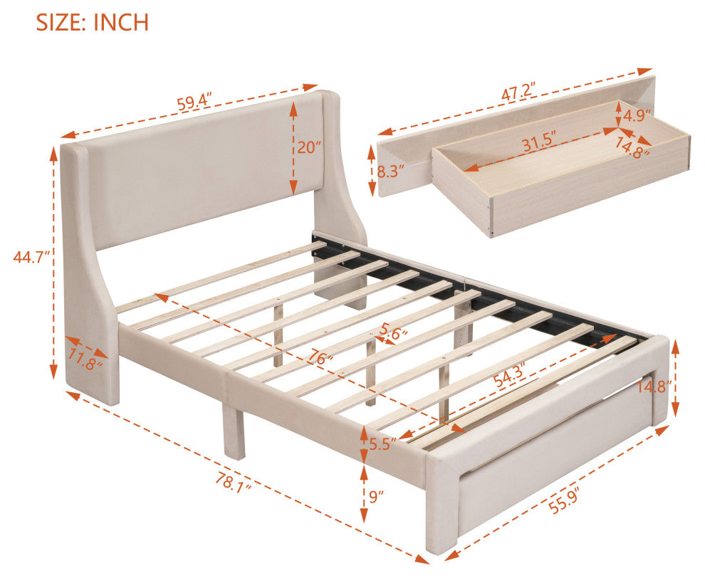 Gewnee Full Size Storage Bed Velvet Upholstered Platform Bed