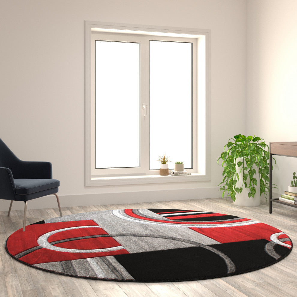 Athens Collection Round 8' x 8' Red Abstract Style Area Rug