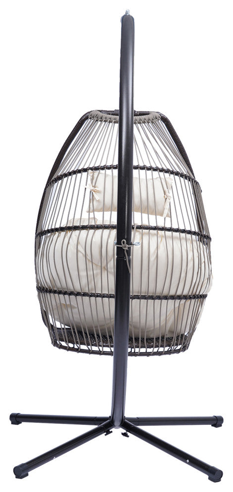 Outdoor Patio Wicker Folding Swing Chair Hanging With Bracket and Cushion Pillow