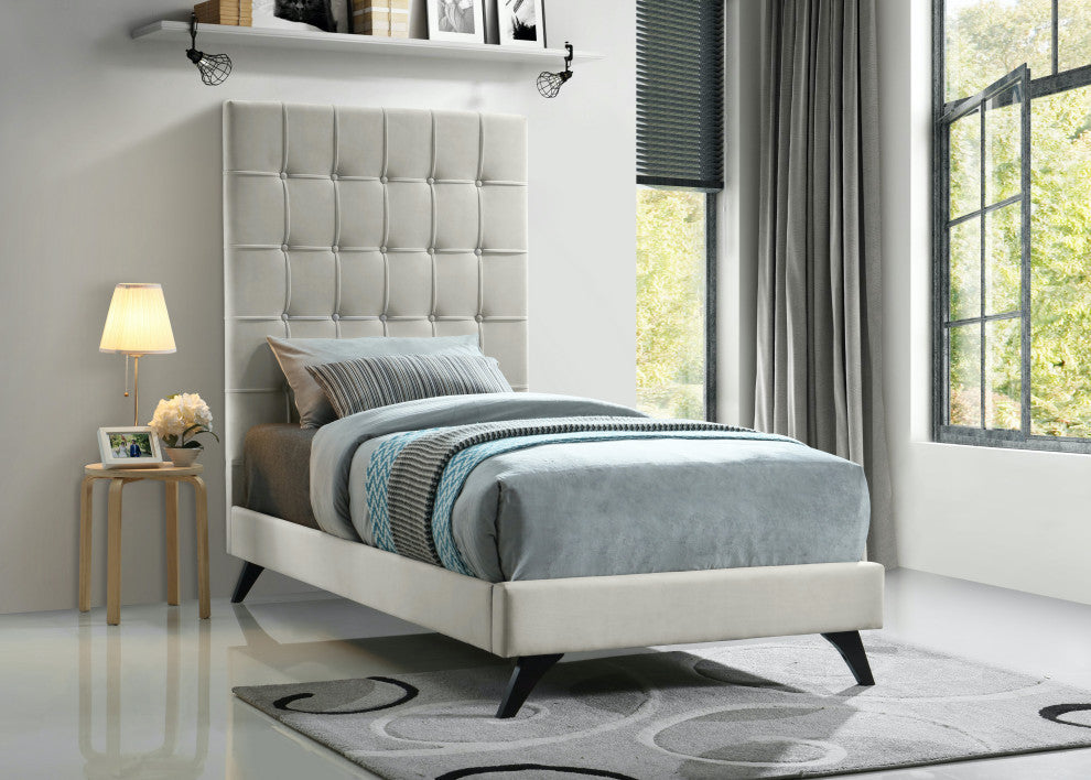 Elly Velvet Upholstered Bed, Cream, Twin