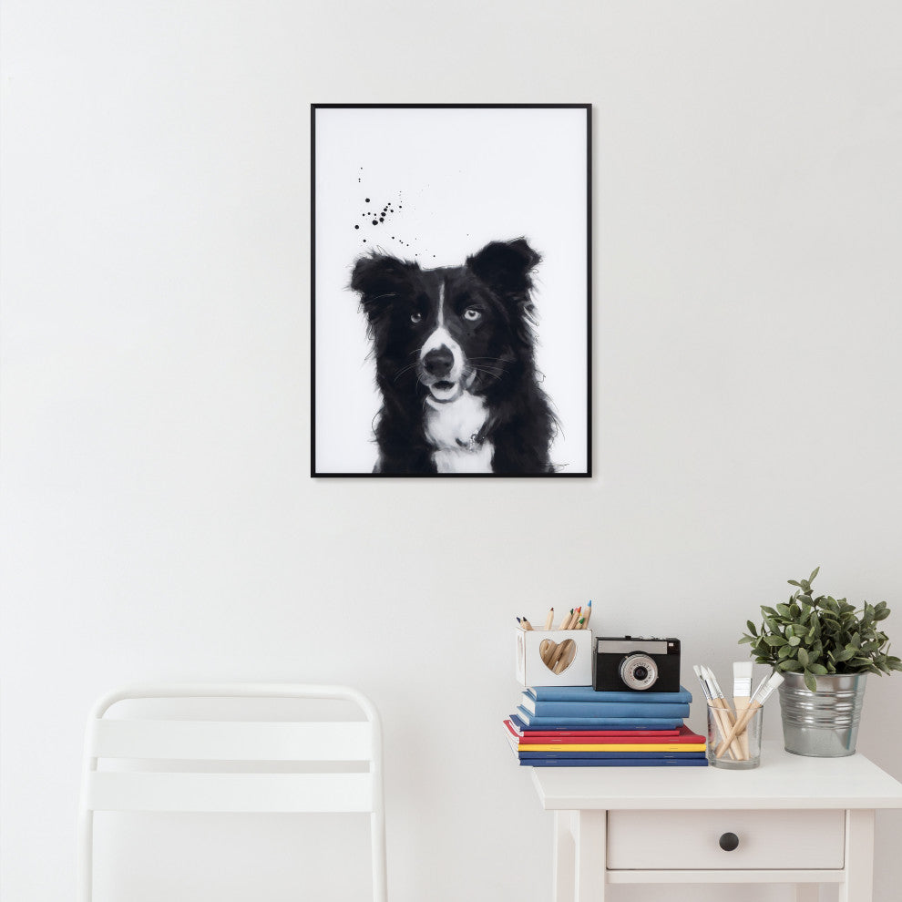 "Border Collie" Black and White Pet Art on Printed Glass with Anodized Frame