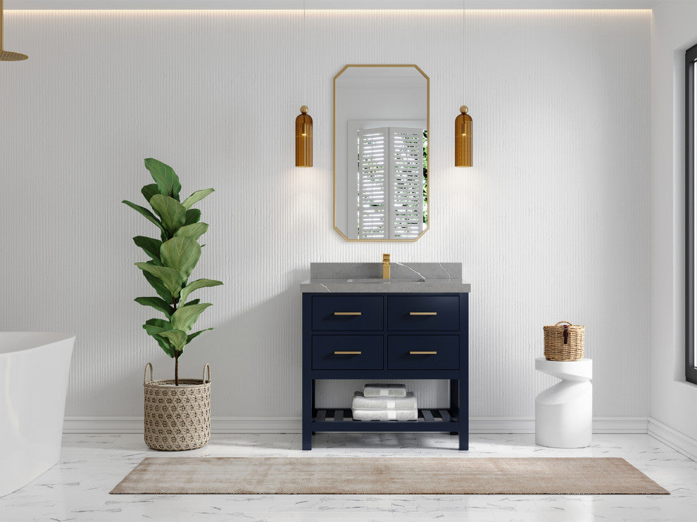 Parker 36 Single Sink Bath Vanity in Navy Blue  2" Piatra Gray