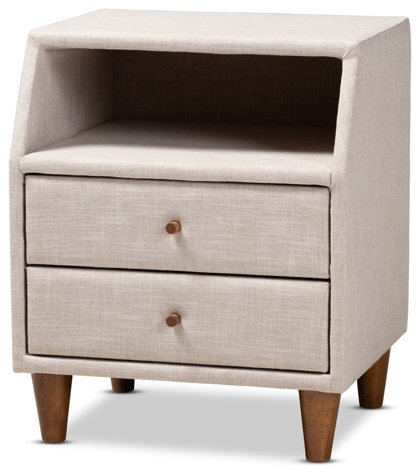 Mid-Century Modern Beige Fabric Upholstered 2-Drawer Wood Nightstand