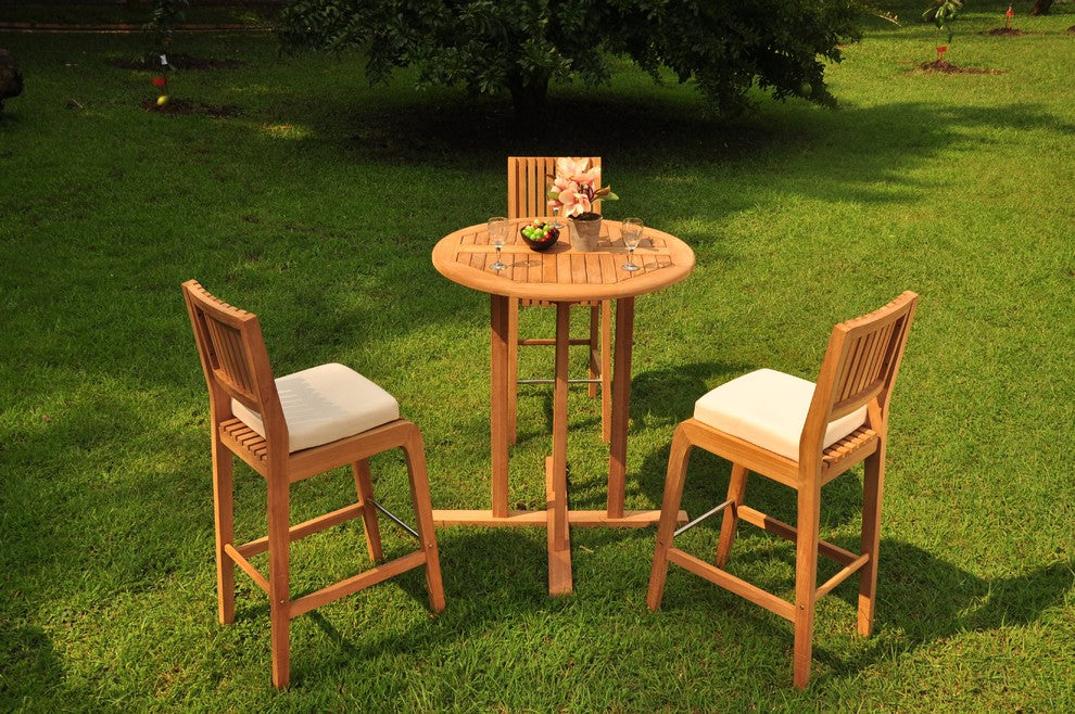4-Piece Outdoor Patio Teak Bar Set: 36" Round Table, 3 Maldives Armless Chairs