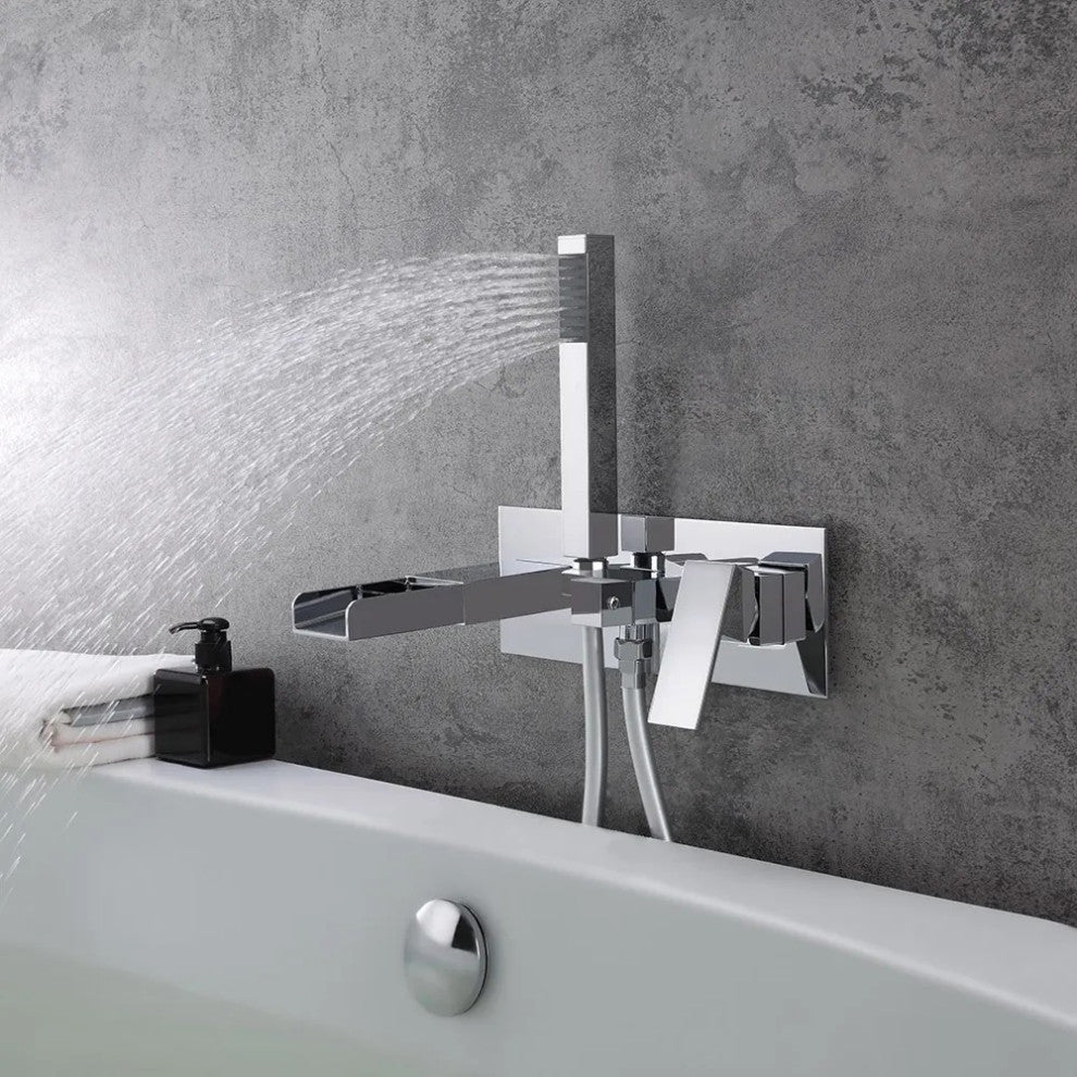 Modern Waterfall Wall-Mount Tub Filler Faucet, Handshower Chrome Solid Brass