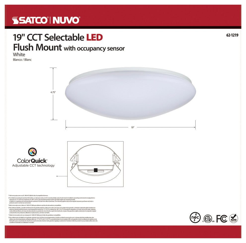 19 inch - Flush Mounted LED Fixture - CCT Selectable - Round - White Acrylic - w