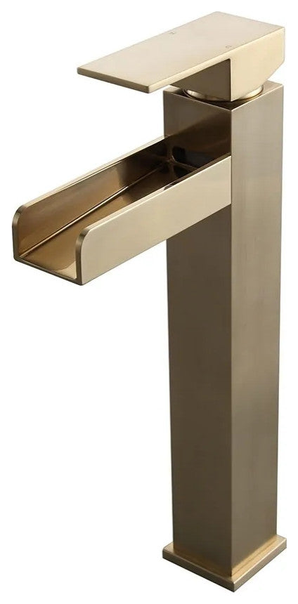 Contemporary Single Handle Waterfall Spout Bathroom Vessel Sink Faucet, Brushed Gold