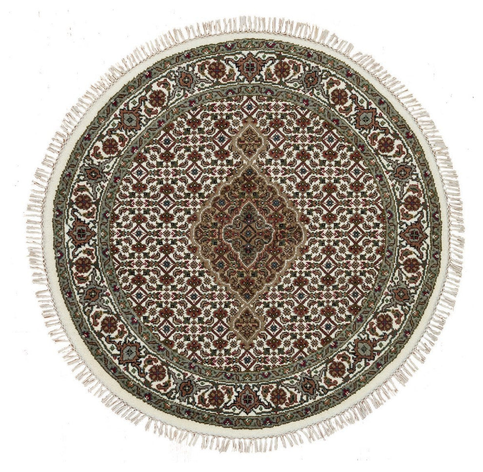 Porcelain White 175 KPSI Organic Wool Hand Knotted Tabriz Round Rug, 3'4"x3'4"