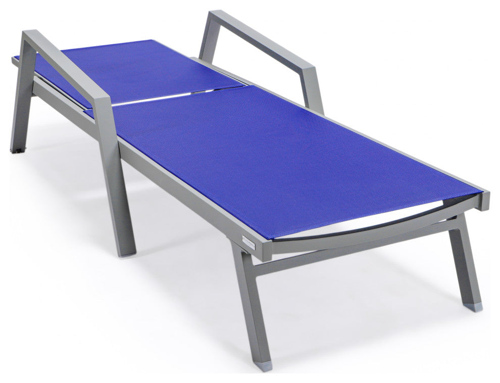 LeisureMod Marlin Chaise Lounge Chair With Arms and Fire Pit Table, Navy Blue