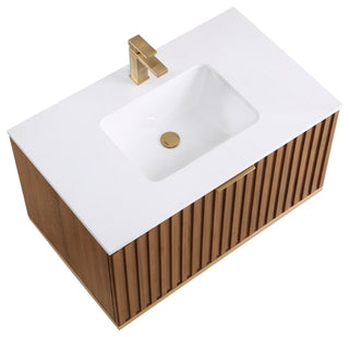 Terra Bathroom Vanity, Walnut/Satin Brass With White Quartz, 36", White Quartz Top