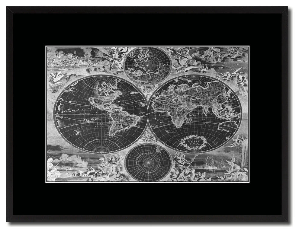 World Hemispheres Monochrome Map Print On Canvas With Black Frame, 16" X 21"