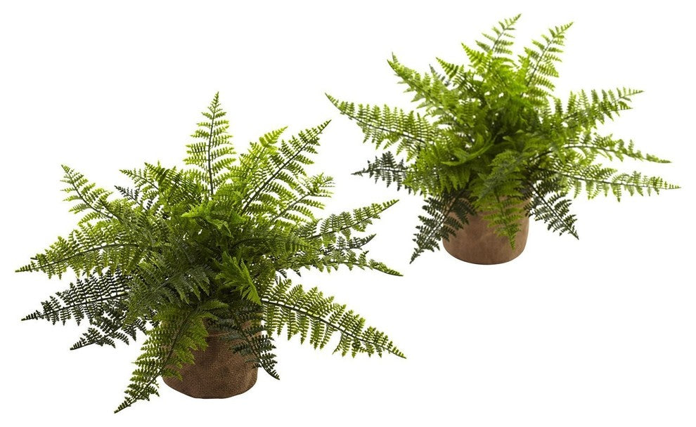 15" Ruffle Fern Bush With Burlap Base, Set of 2