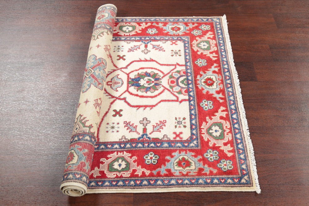 Kazak Oriental Traditional Area Rug Hand Made Pakistani, Beige, 4'11"x3'3